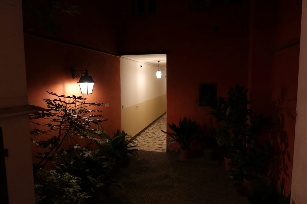 a dimly lighted apartment hallway